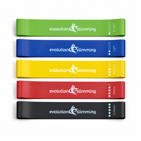 Set of five coloured leg workout resistance bands