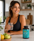 Woman holding a glass of water beside Berberine Plus