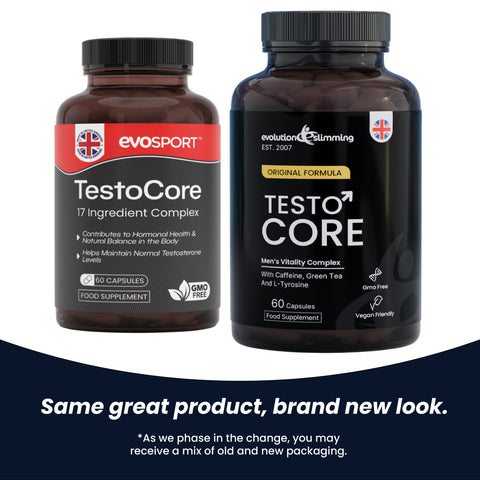 TestoCore - 17 Ingredient Complex - Natural Booster For Men old and new packaging